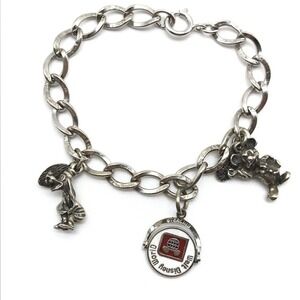 Disney Vintage 925 Sterling Silver Mickey Goofy Enamel Charm Bracelet